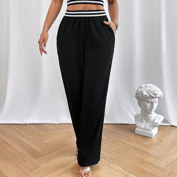 Black Casual Women's Contrast Binding Crop Tank Top & Pants - Picture 3 of 6